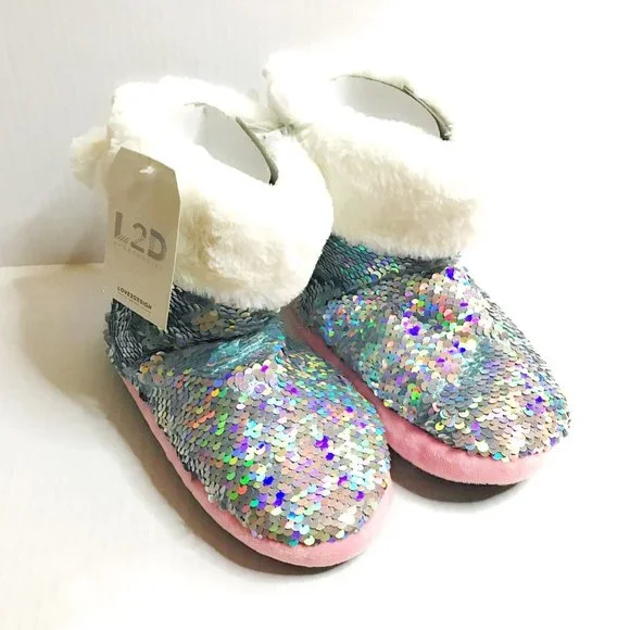 Girls Silver White Booties with Sequins, Warm Sparkly Slippers, Great Gift NWT - Picture 2 of 8